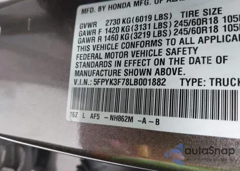 2020 Honda Ridgeline Rtl-E z USA, uszkodzony, nr VIN 5FPYK3F78LB001882